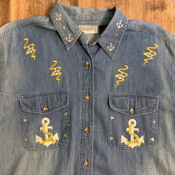 Hot Names VTG Grandmacore Anchor Rope Nautical Denim Shirt Size Unisex Medium - Picture 4 of 8